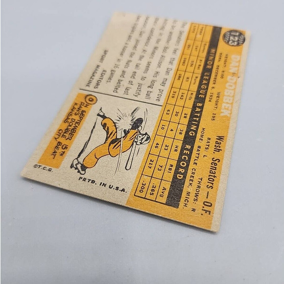 Dan Dobbek 1960 Topps #123 Rookie Star Washington Senators Baseball Card - Picture 5 of 6